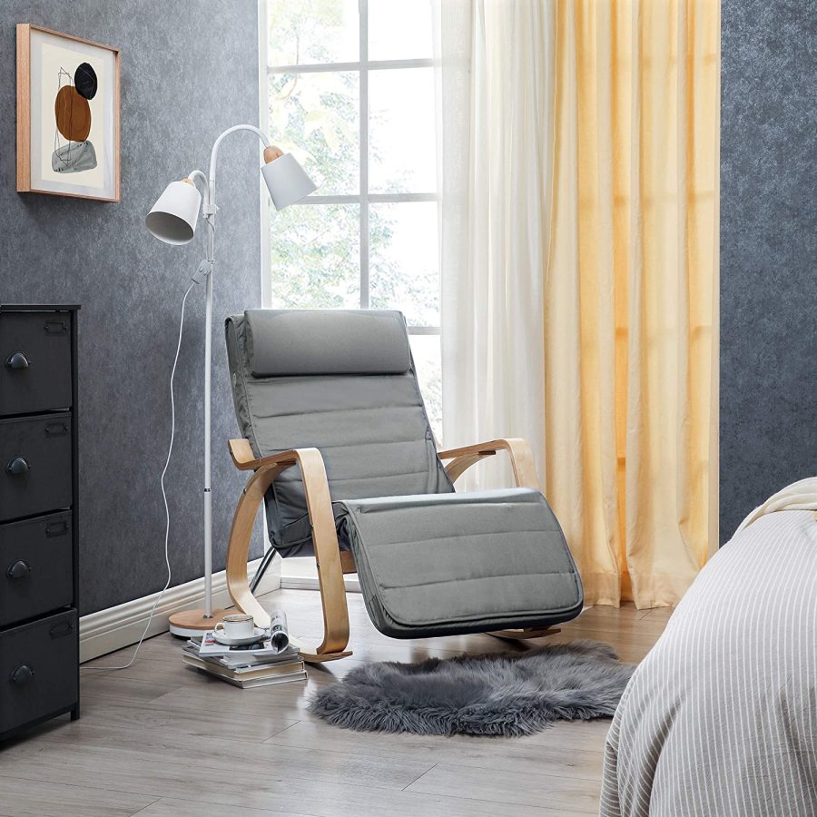Songmics gyngestol, m. arml�n, justerbar fodst�tte i 5 pos. - lysegr� bomuld stof og natur birketr�