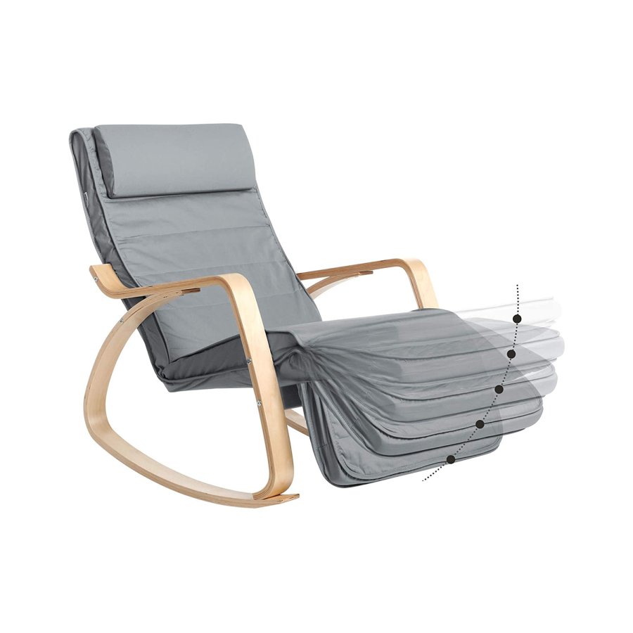 Songmics gyngestol, m. arml�n, justerbar fodst�tte i 5 pos. - lysegr� bomuld stof og natur birketr�