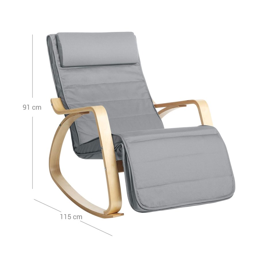 Songmics gyngestol, m. arml�n, justerbar fodst�tte i 5 pos. - lysegr� bomuld stof og natur birketr�