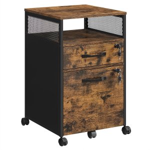 VASAGLE Arkivskab til kontor med 2 afl�selige skuffer, hjul, �ben hylde til h�ngemapper, st�lramme, industriel stil, rustik brun og sort OFC077B01