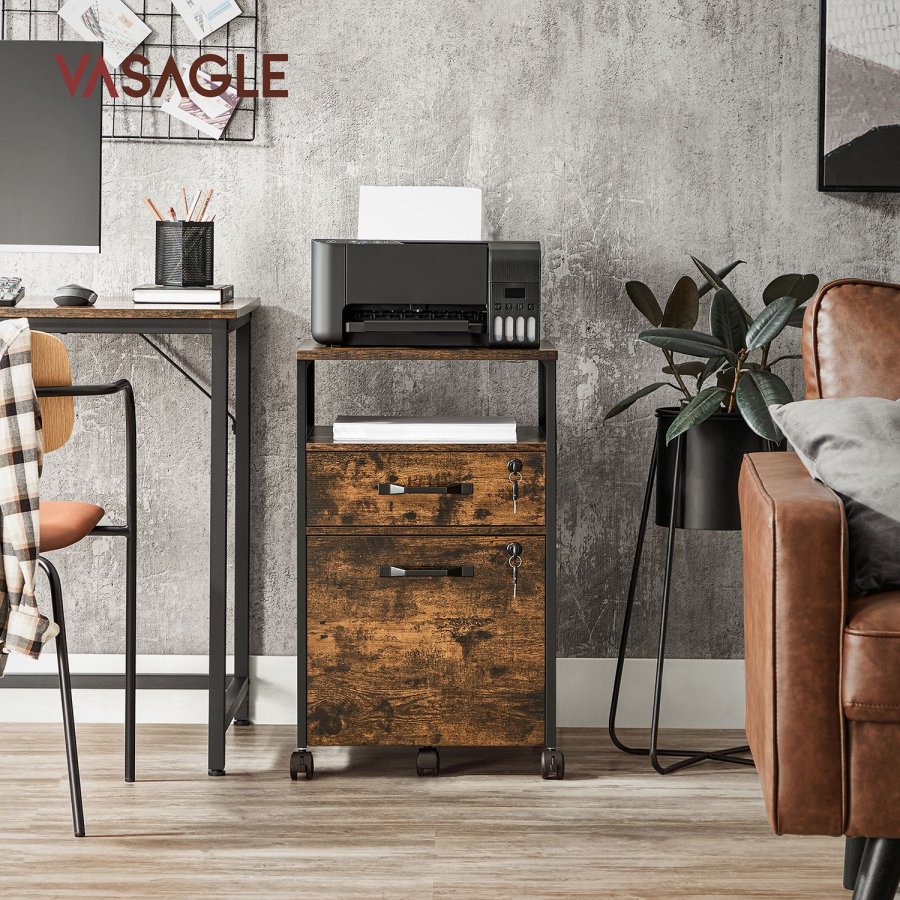 VASAGLE Arkivskab til kontor med 2 afl�selige skuffer, hjul, �ben hylde til h�ngemapper, st�lramme, industriel stil, rustik brun og sort OFC077B01