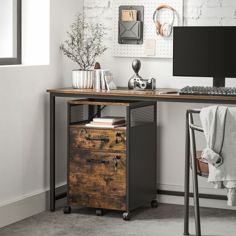 VASAGLE Arkivskab til kontor med 2 afl�selige skuffer, hjul, �ben hylde til h�ngemapper, st�lramme, industriel stil, rustik brun og sort OFC077B01