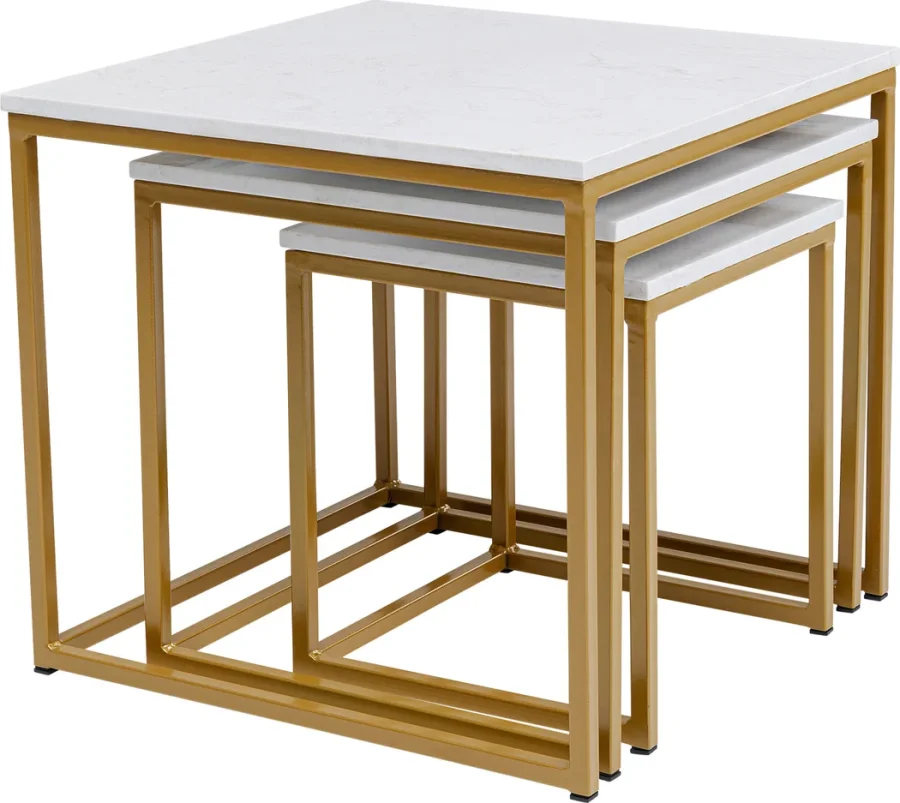 KARE DESIGN Key West innskuddsbord - hvit marmor og gullben, sett med 3 bord