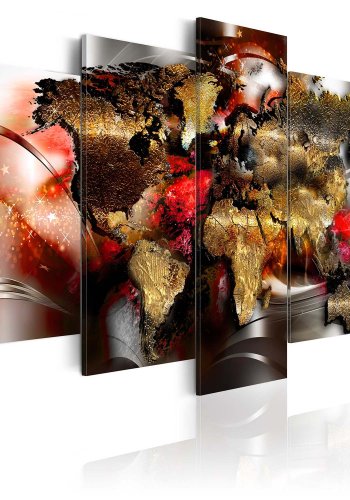 Artgeist Ruby Ribbon - Abstrakt verdenskort trykt p lrred, 5-delt (100x50 cm)