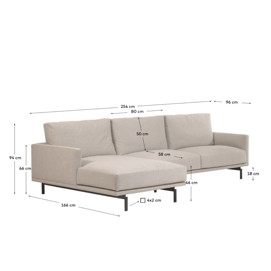 KAVE HOME Galene 3-manns sofa, med venstre sjeselong - beige resirkulerte fibre og jern