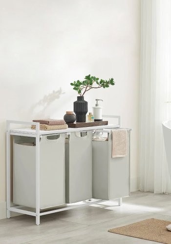 VASAGLE Wschekorb, m. 3 ausziehbaren und herausnehmbaren Wschescken, 1 Ablage  Stoff, weies MDF/Stahl