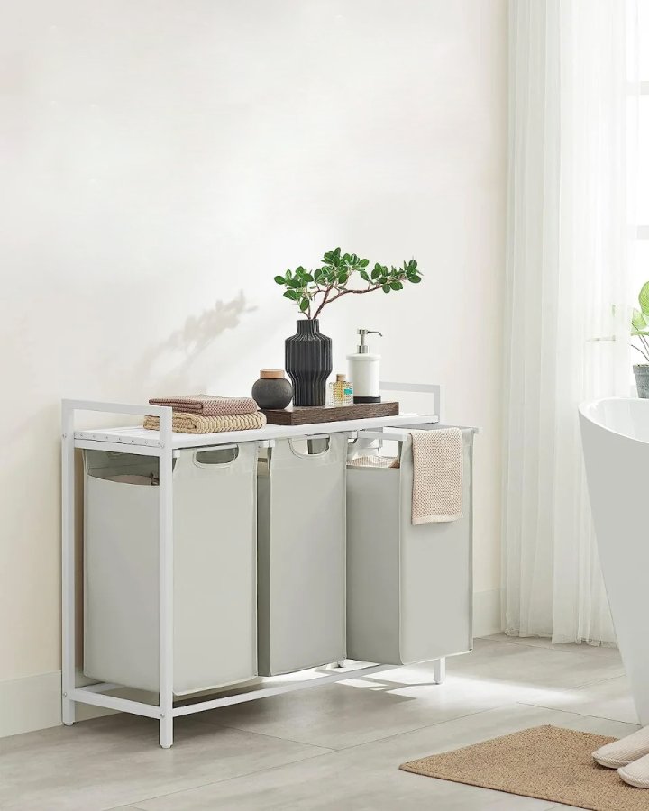 VASAGLE Wschekorb, m. 3 ausziehbaren und herausnehmbaren Wschescken, 1 Ablage  Stoff, weies MDF/Stahl