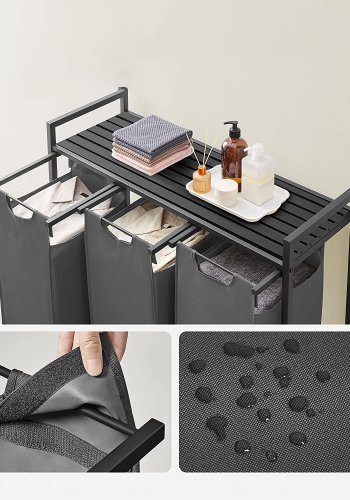 VASAGLE vasketjskurv, m. 3 udtrkkelige og aftagelige vasketjsposer, 1 hylde - stof, sort MDF/stl