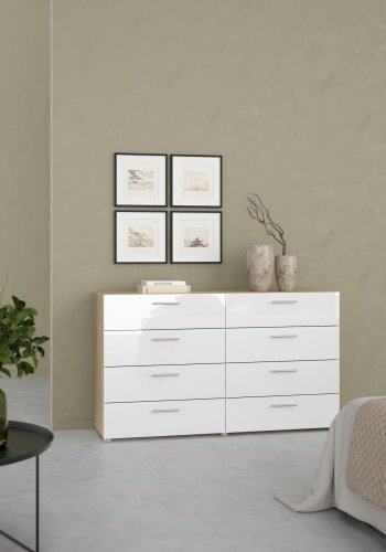 TVILUM Pepe kommode - hvid hjglans/natur tr/egetrsfinr, m. 8 skuffer