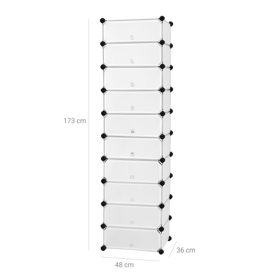 SONGMICS sammenl�sende skohylde, rektangul�r opbevaringsorganisator, modul�r g�r-det-selv-opbevaringshylde med 10 pladser, 40 x 30 x 17 cm til hver plads, plastikgarderobe med d�re, hvid LPC10W