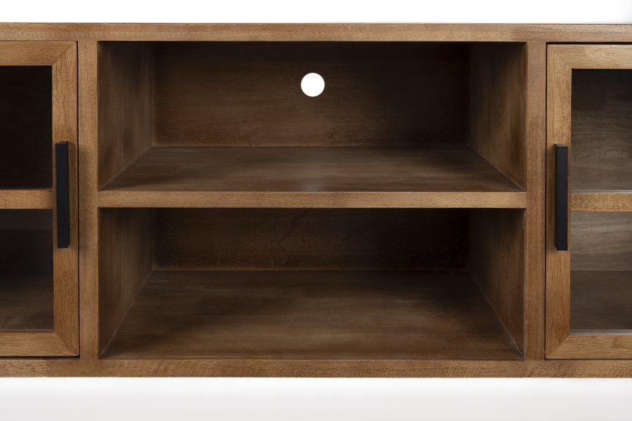 WHITE LABEL LIVING Yaz TV-bord, lavt, med hengslene. 2 drer og 1 hylle - brunt gummitre (150x38)