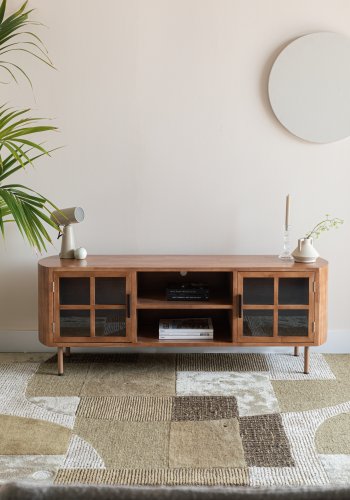 WHITE LABEL LIVING Yaz TV-bord, lavt, med hengslene. 2 drer og 1 hylle - brunt gummitre (150x38)