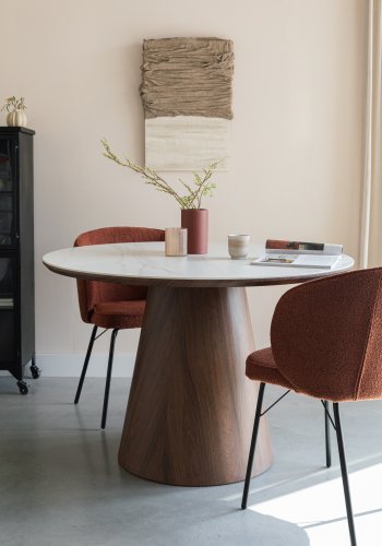 WHITE LABEL LIVING Almira spisebord, rundt - snhvit matt sintret stein og valnttpapirfiner (115)