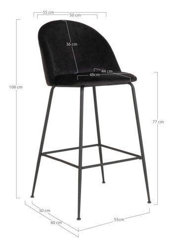 HOUSE NORDIC Lausanne barstol, med ryggst�d och fotst�d - svart velour och svart st�l