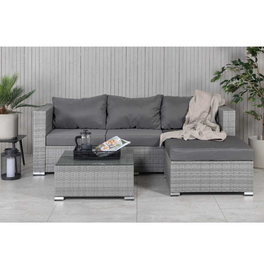 VENTURE DESIGN Rotterdam sjeselongsett for hagen - gr puter, glass og gr polyrattan