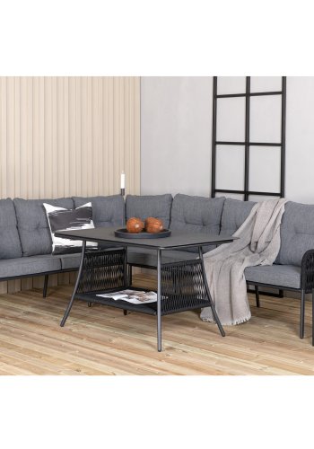 VENTURE DESIGN Berlin hjrnesofasett - gr puter og svart glass, tau og stl