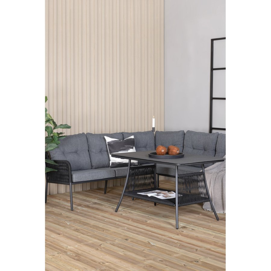 VENTURE DESIGN Berlin hjrnesofasett - gr puter og svart glass, tau og stl