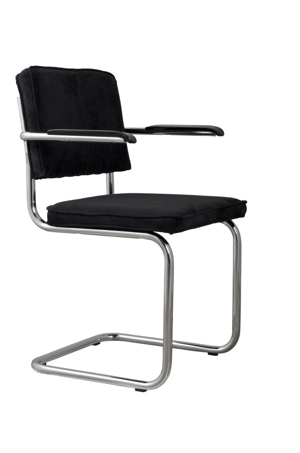 ZUIVER Ridge Rib lenestol, med armlener - svart flyels polyester og slv krom