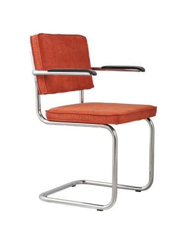ZUIVER Ridge Rib lenestol, med armlener - oransje flyels polyester og slv krom
