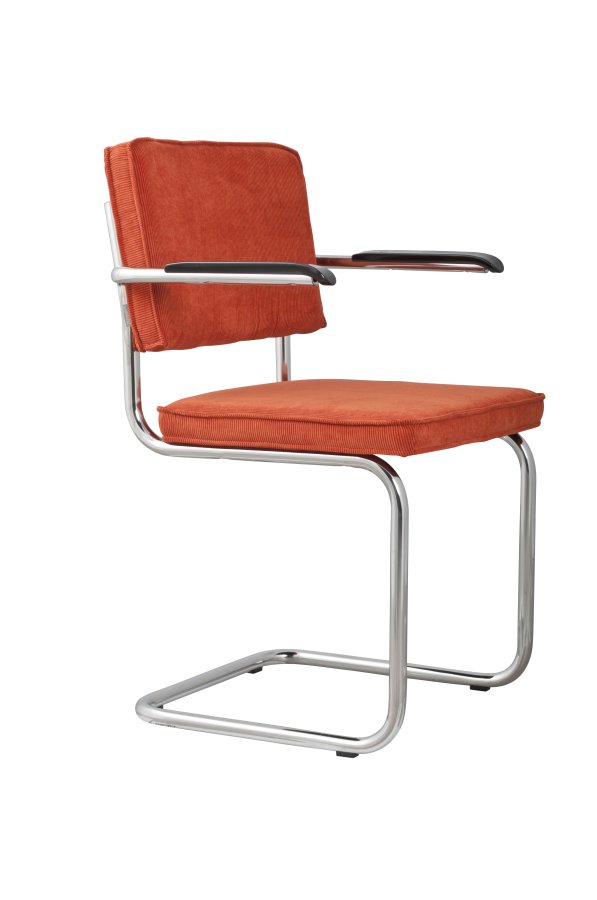 ZUIVER Ridge Rib lenestol, med armlener - oransje flyels polyester og slv krom
