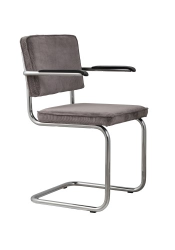 ZUIVER Ridge Rib lenestol, med armlener - gr flyels polyester og slv krom