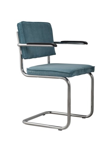 ZUIVER Ridge Rib lenestol, med armlener - bl flyels polyester og slv krom