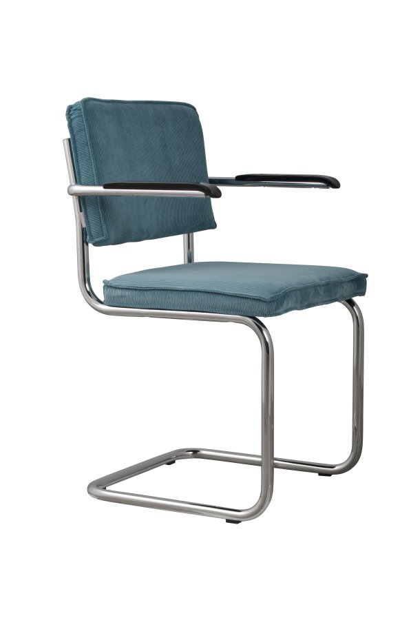 ZUIVER Ridge Rib lenestol, med armlener - bl flyels polyester og slv krom