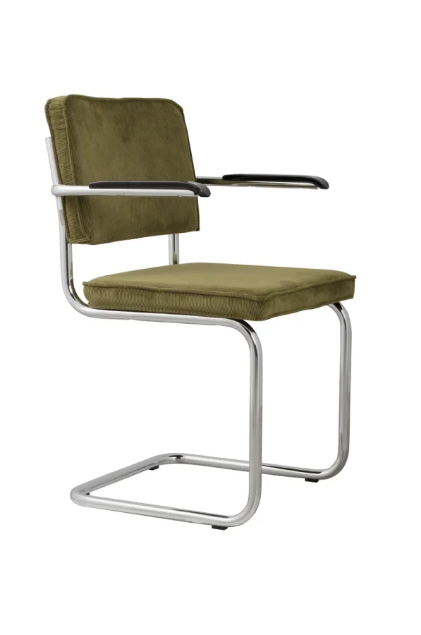 ZUIVER Ridge Rib lenestol, med armlener - grnn flyelspolyester og slvkrom