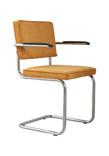 ZUIVER Ridge Rib lenestol, med armlener - gul flyels polyester og slv krom