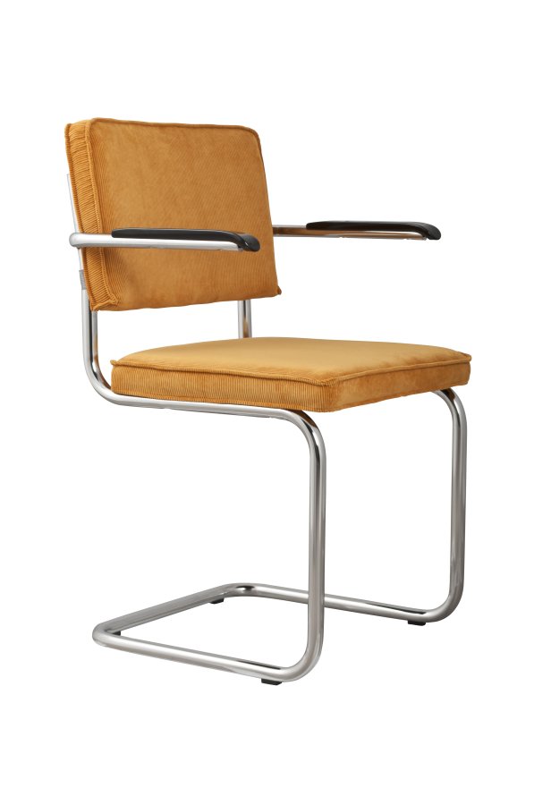 ZUIVER Ridge Rib lenestol, med armlener - gul flyels polyester og slv krom