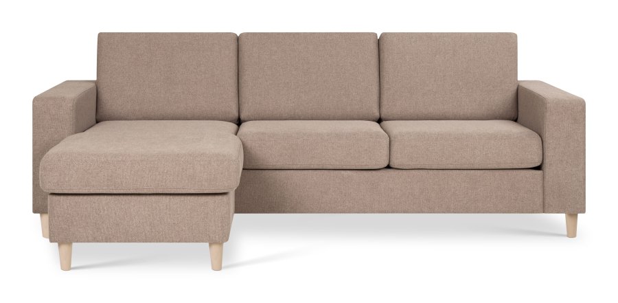 Pannesett 1 3D sofa med sjeselong - antilope beige polyesterstoff og naturlig tre