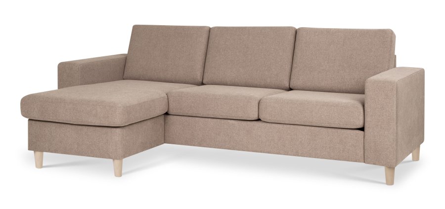 Pannesett 1 3D sofa med sjeselong - antilope beige polyesterstoff og naturlig tre