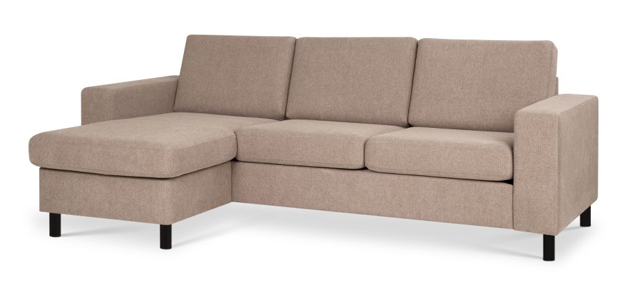 Pannesett 1 3D sofa med sjeselong - antilope beige polyesterstoff og sort tre