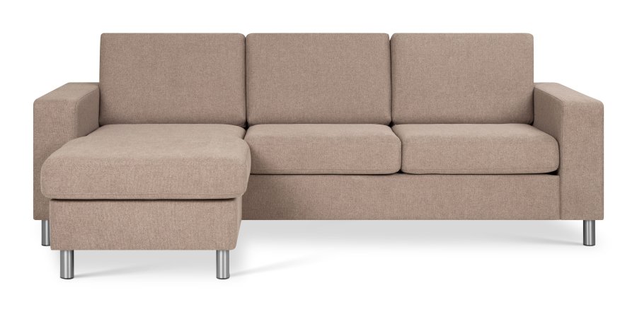 Pannesett 1 3D sofa med sjeselong - antilope beige polyesterstoff og brstet aluminium