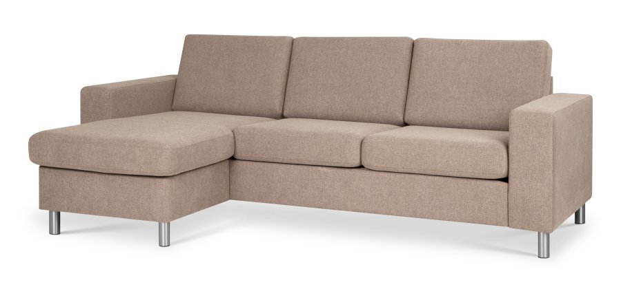 Pannesett 1 3D sofa med sjeselong - antilope beige polyesterstoff og brstet aluminium