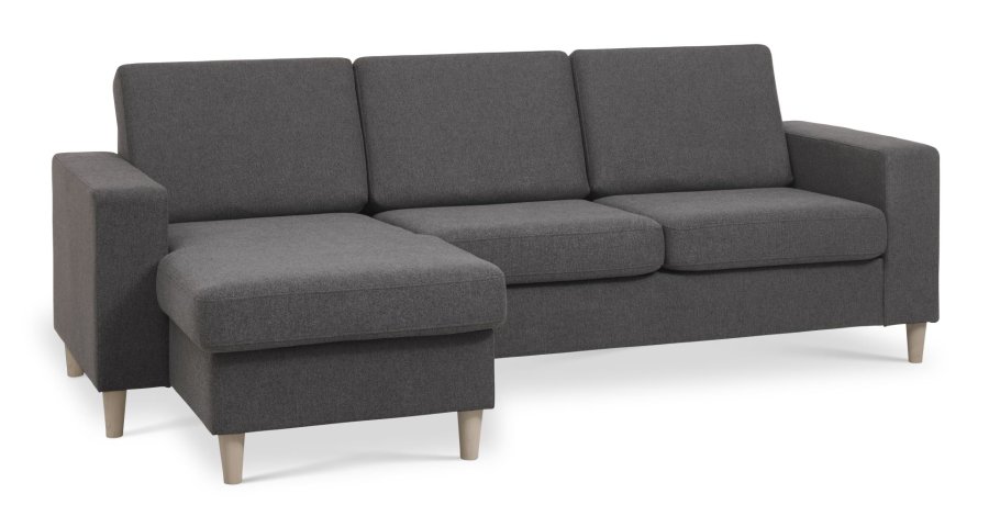 Pannesett 1 3D sofa med sjeselong - antrasittgr polyesterstoff og naturlig tre
