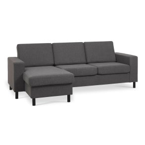 Pan 3 personers sofa,  antracitgr stof, sorte trben - vendbar chaiselong