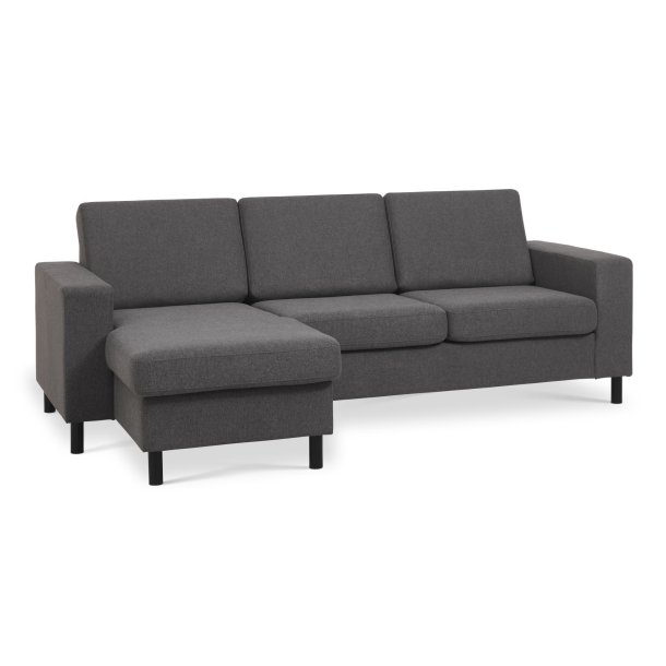 Pan 3 personers sofa,  antracitgr stof, sorte trben - vendbar chaiselong