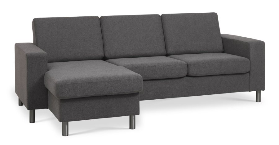 Pannesett 1 3D sofa med sjeselong - antrasittgr polyesterstoff og brstet aluminium