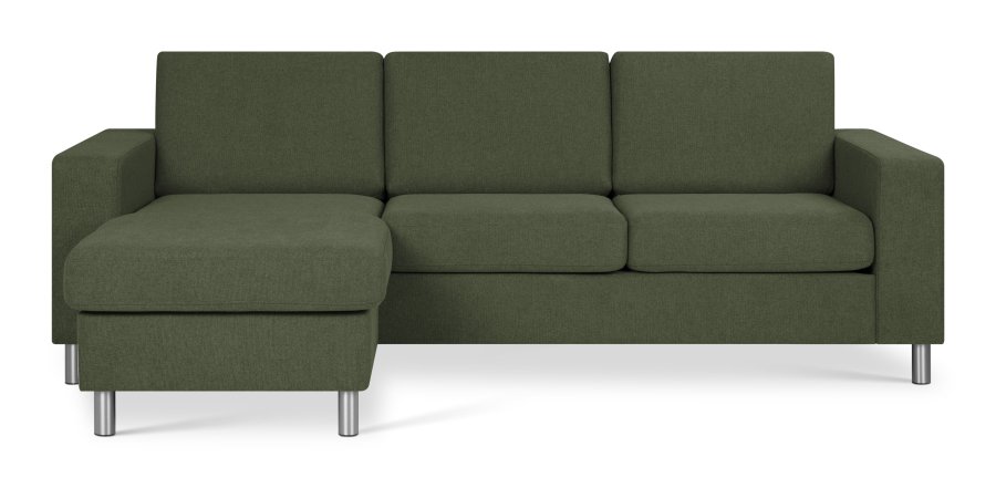 Pannesett 1 3D sofa med sjeselong - vinter mosegrnt polyesterstoff og brstet aluminium