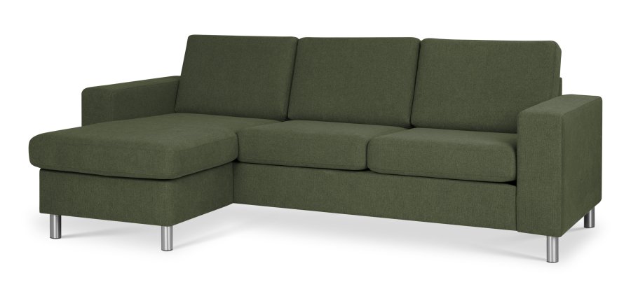 Pannesett 1 3D sofa med sjeselong - vinter mosegrnt polyesterstoff og brstet aluminium