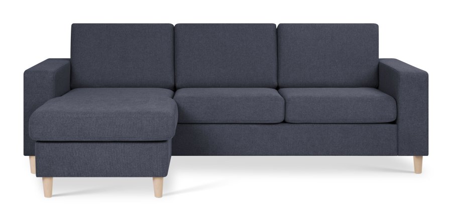 Pannesett 1 3D sofa med sjeselong - bltt polyesterstoff og naturlig tre