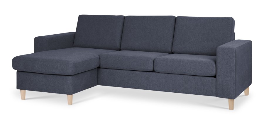 Pannesett 1 3D sofa med sjeselong - bltt polyesterstoff og naturlig tre