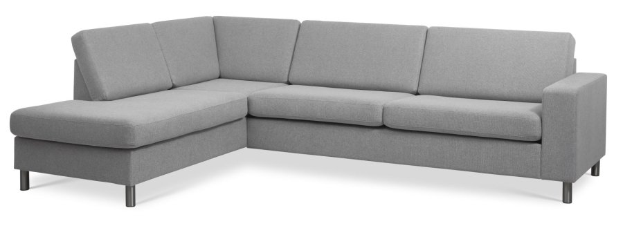 Pannesett 2 OE venstre sofa med sjeselong - grtt polyesterstoff og brstet aluminium