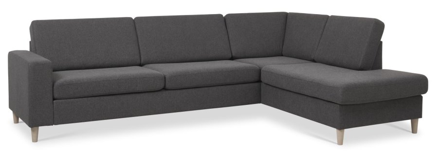 Pannesett 3 OE hyre sofa med sjeselong - antrasittgr polyesterstoff og naturlig tre