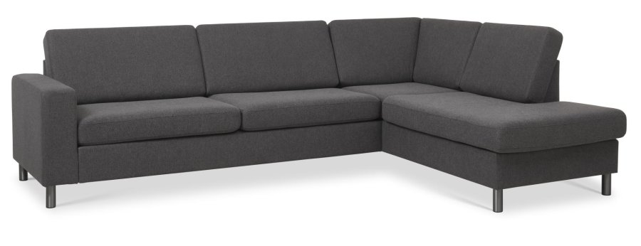Pannesett 3 OE hyre sofa med sjeselong - antrasittgr polyesterstoff og brstet aluminium