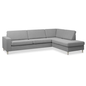 Pan set 3 OE höger soffa med schäslong - grtt polyestertyg och naturligt trä