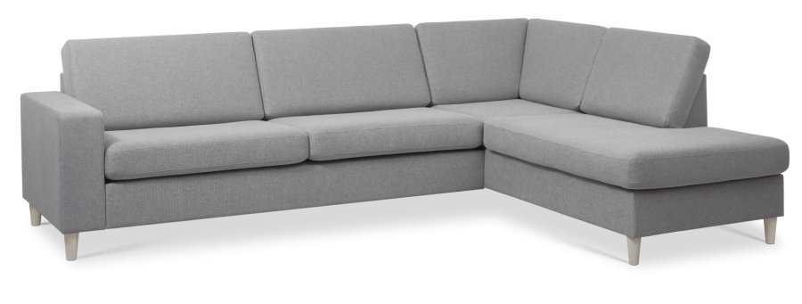 Pannesett 3 OE hyre sofa med sjeselong - grtt polyesterstoff og naturlig tre
