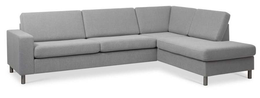 Pannesett 3 OE hyre sofa med sjeselong - grtt polyesterstoff og brstet aluminium