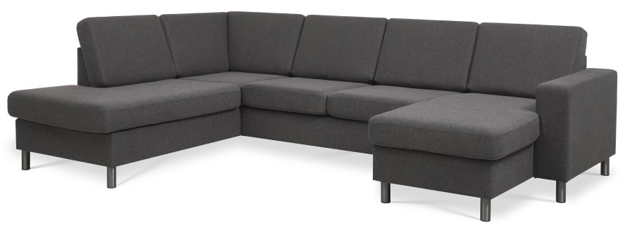 Pannesett 4 U OE venstre sofa med sjeselong - antrasittgr polyesterstoff og brstet aluminium